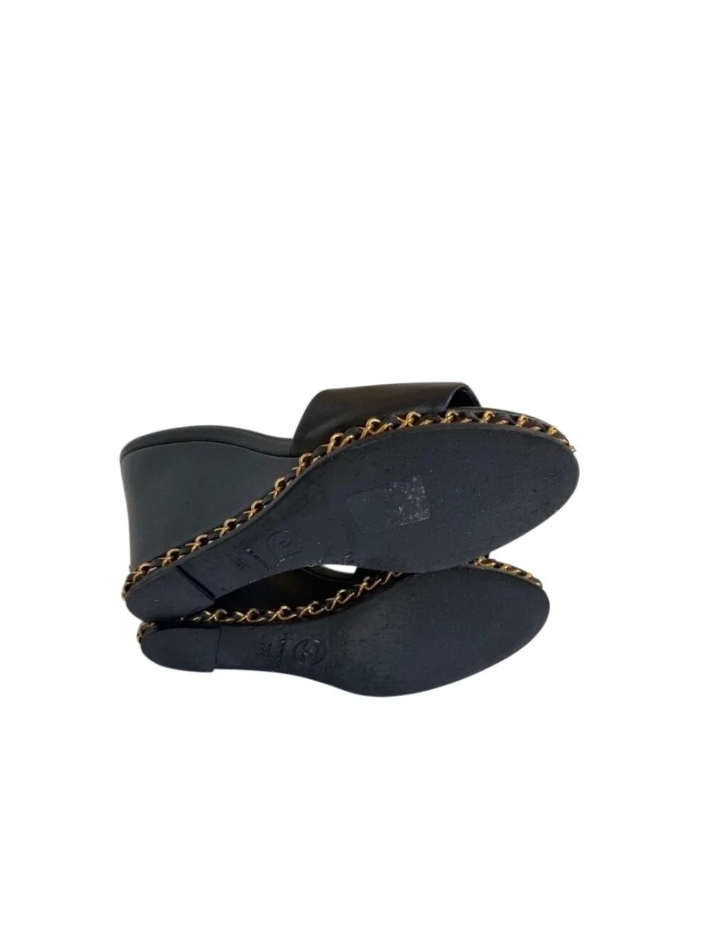 CHANEL Black Leather Chain Slide Mules with Gold Logo